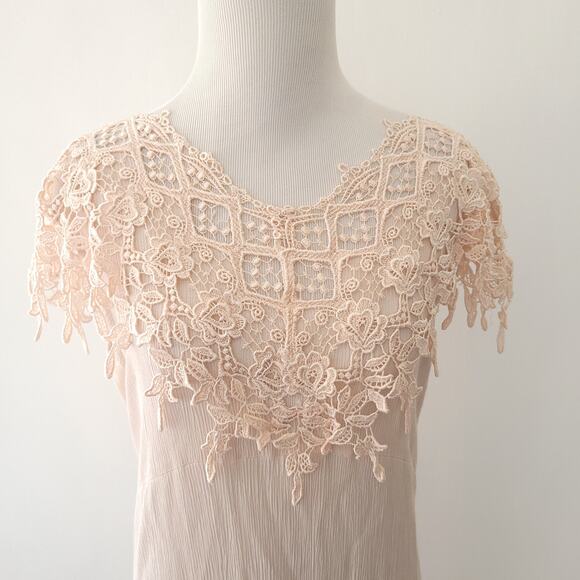 Vintage 80s Magnet Art Lynn Yang Maxi Dress Lace Crochet Pink Crepe Women Medium - Picture 4 of 11